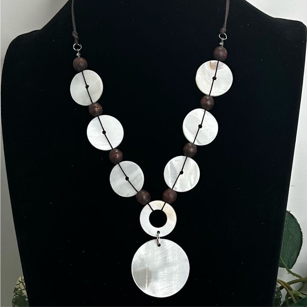 Vintage MOP Shell Disc & Round Wood Bead Necklace 19” White Brown Leather Cord